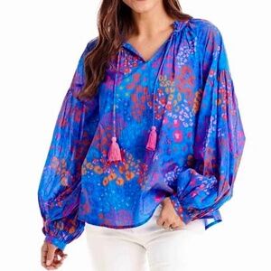 Mud Pie Jovie Flounce Blue Pink Animal Print Blouse with Tassels